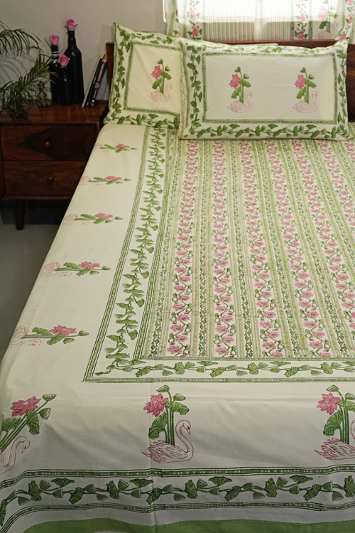 Sooti Syahi Serene Swan Song Hand Block Printed Cotton Percale Bedsheet - Image 2
