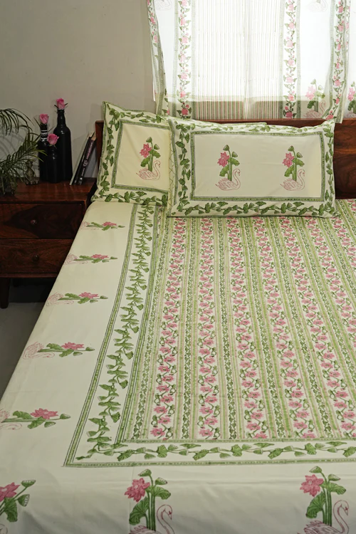 Sooti Syahi Serene Swan Song Hand Block Printed Cotton Percale Bedsheet - Image 3