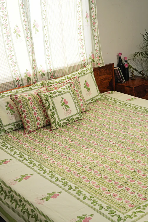 Sooti Syahi Serene Swan Song Hand Block Printed Cotton Percale Bedsheet - Image 4