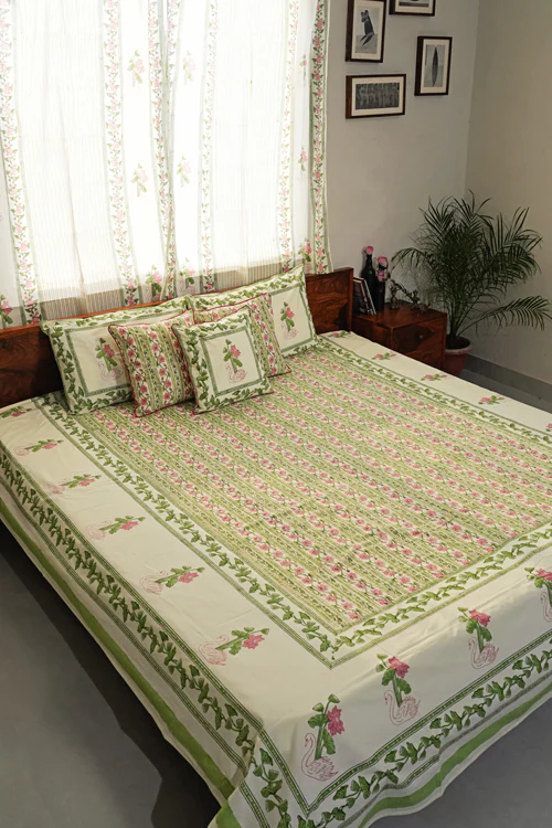 Sooti Syahi Serene Swan Song Hand Block Printed Cotton Percale Bedsheet - Image 5