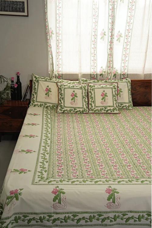 Sooti Syahi Serene Swan Song Hand Block Printed Cotton Percale Bedsheet - Image 6