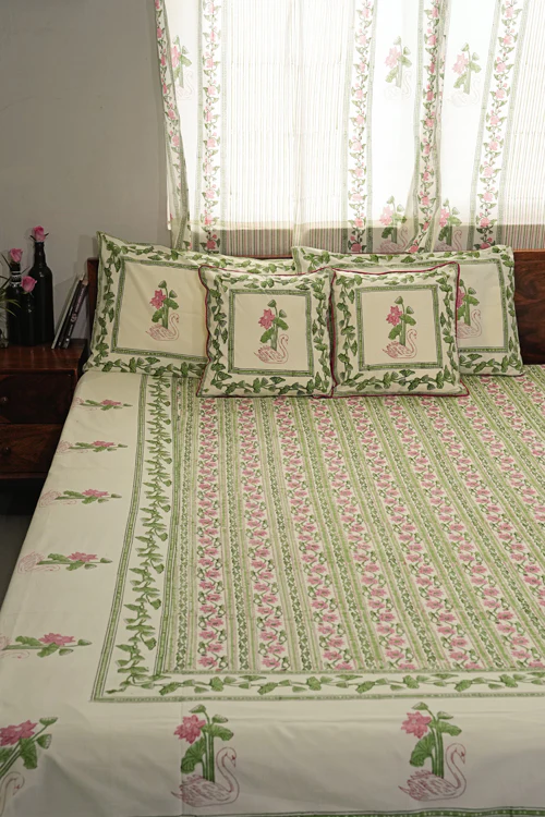 Sooti Syahi Serene Swan Song Hand Block Printed Cotton Percale Bedsheet - Image 7