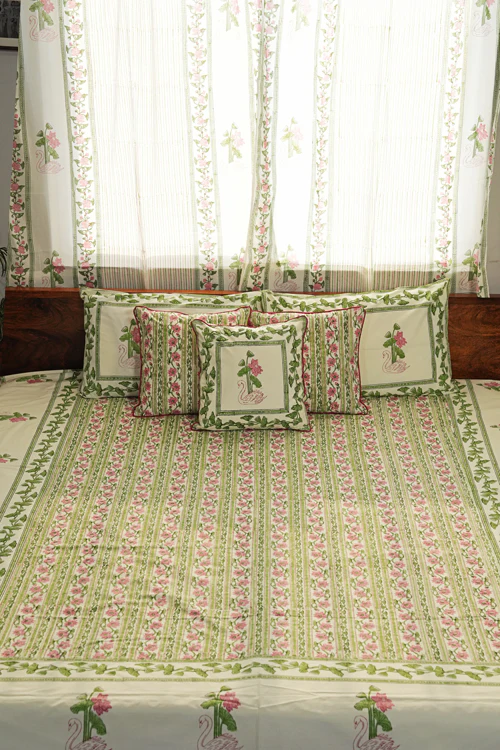 Sooti Syahi Serene Swan Song Hand Block Printed Cotton Percale Bedsheet - Image 8