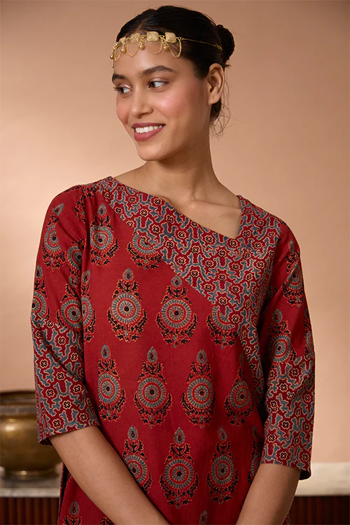 Okhai "Shalimar" Handblock Printed Ajrakh Pure Cotton Kurta Pant Set