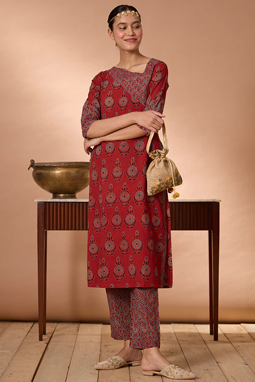 Okhai "Shalimar" Handblock Printed Ajrakh Pure Cotton Kurta Pant Set - Image 4