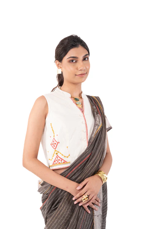 Rangsutra Shifrah Soof Embroidered Off-White Sleeveless Blouse - Image 2