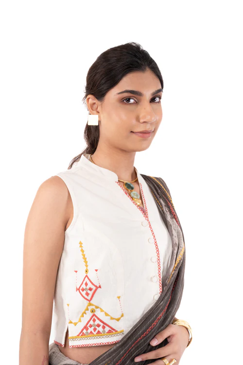 Rangsutra Shifrah Soof Embroidered Off-White Sleeveless Blouse - Image 8