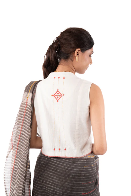 Rangsutra Shifrah Soof Embroidered Off-White Sleeveless Blouse - Image 9