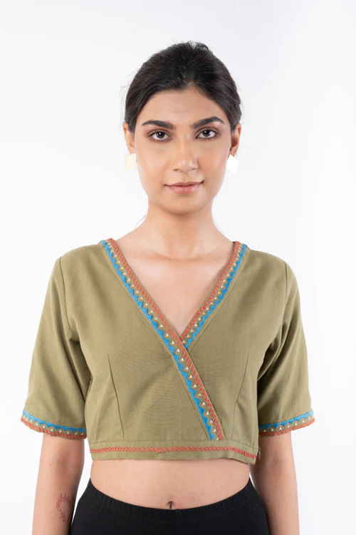 Rangsutra Shifrah Soof Embroidered Olive Half Sleeve Blouse