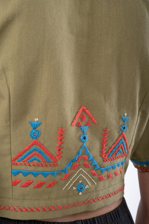 Rangsutra Shifrah Soof Embroidered Olive Half Sleeve Blouse - Image 11