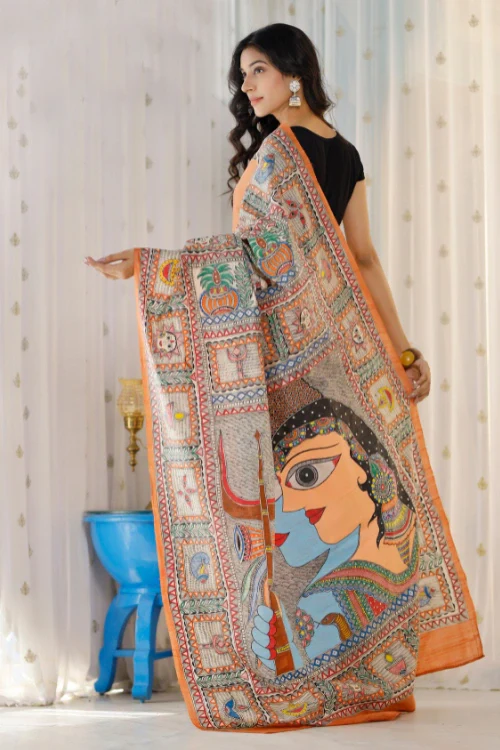 Diorama Designs Madhubani Hand-painted Shiv Parvati Silk Saree - Image 3