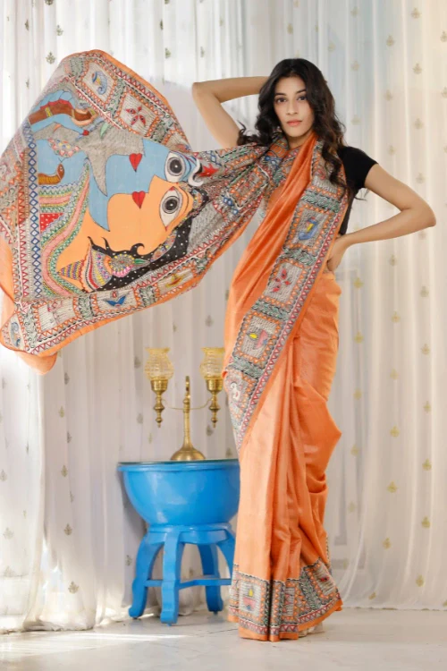 Diorama Designs Madhubani Hand-painted Shiv Parvati Silk Saree - Image 4