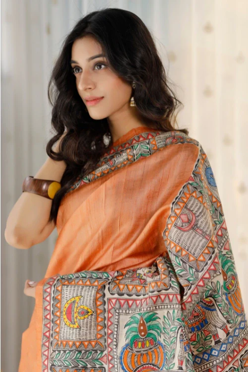 Diorama Designs Madhubani Hand-painted Shiv Parvati Silk Saree - Image 6