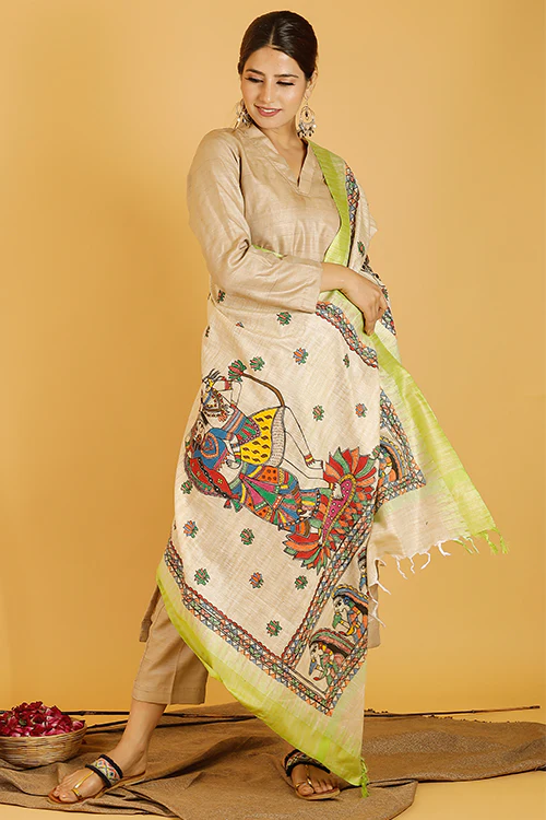 Madhubani Paints 'Shiva-Parvati' Madhubani Handpainted Pure Handloom Cotton Dupatta