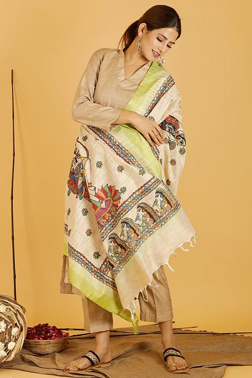 Madhubani Paints 'Shiva-Parvati' Madhubani Handpainted Pure Handloom Cotton Dupatta - Image 2