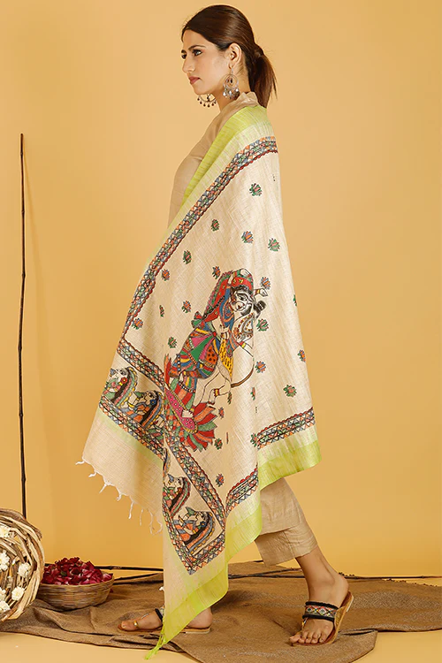 Madhubani Paints 'Shiva-Parvati' Madhubani Handpainted Pure Handloom Cotton Dupatta - Image 3