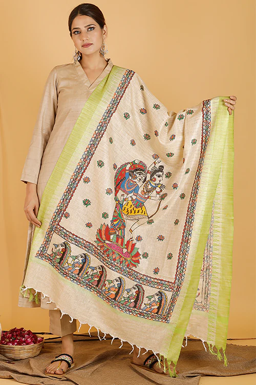 Madhubani Paints 'Shiva-Parvati' Madhubani Handpainted Pure Handloom Cotton Dupatta - Image 4