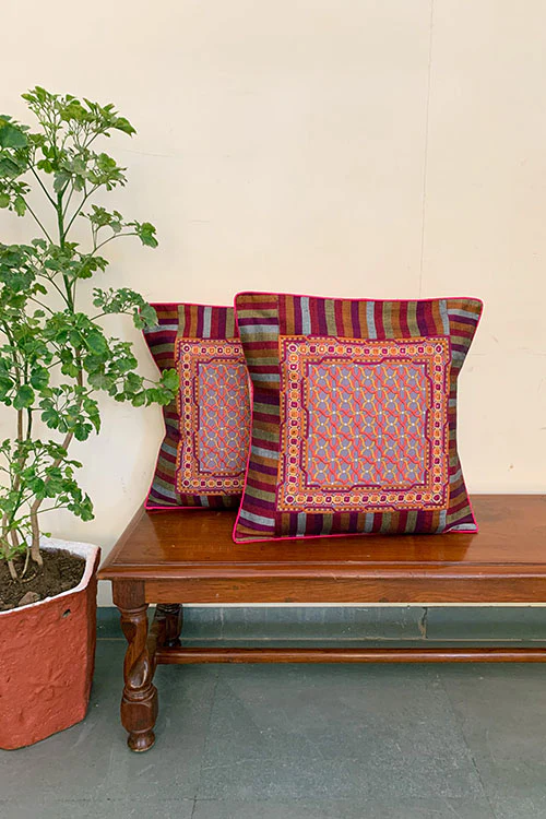 Shrujan ‘Bhamardo’ 40cm X 40cm Multi-coloured Hand Embroidered Handloom Cotton Cushion Cover Pair