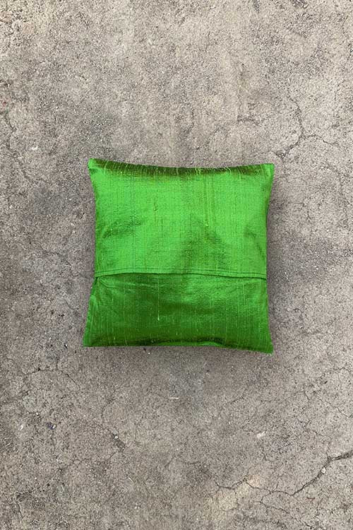 Shrujan ‘Tana Bana’ 30cm X 30cm Parrot Green Hand Embroidered Handloom Raw Silk Cushion Cover Pair - Image 3