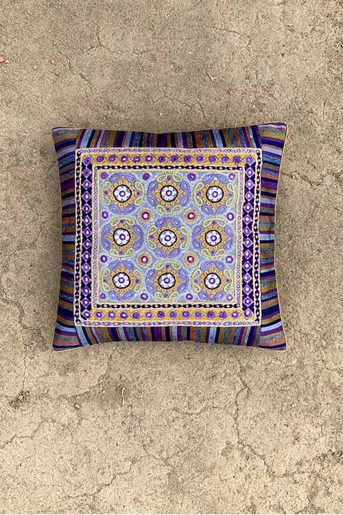 Shrujan ‘Zaya’ 40cm X 40cm Purple Toned Hand Embroidered Handloom Cotton Cushion Cover Pair - Image 2