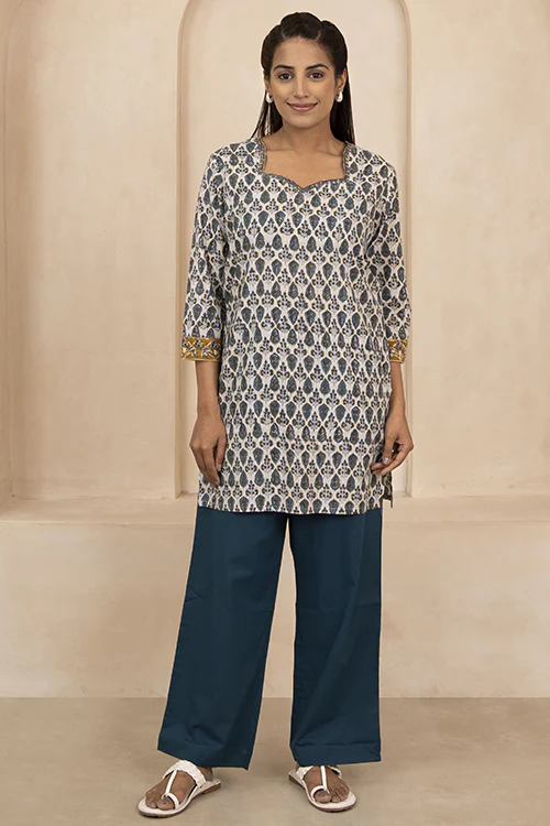 Shuddhi Blue and Olive Green Handblock Printed Short Kurti - Image 2