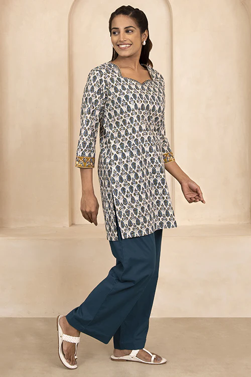 Shuddhi Blue and Olive Green Handblock Printed Short Kurti - Image 3