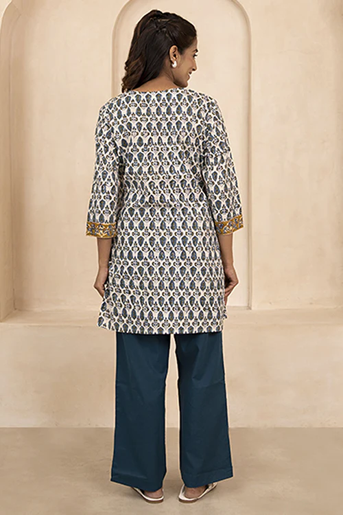 Shuddhi Blue and Olive Green Handblock Printed Short Kurti - Image 4