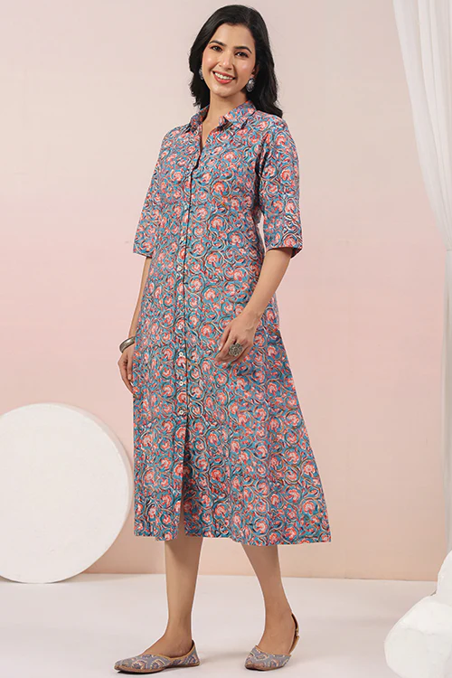 Shuddhi Blue And Peach A Line Dress