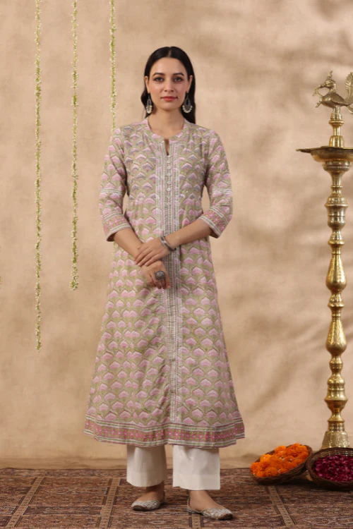 Shuddhi Green And Pink 2 Piece Kurta Set - Image 7