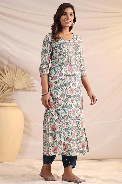 Shuddhi Green And Pink Cotton Kurta - Image 4