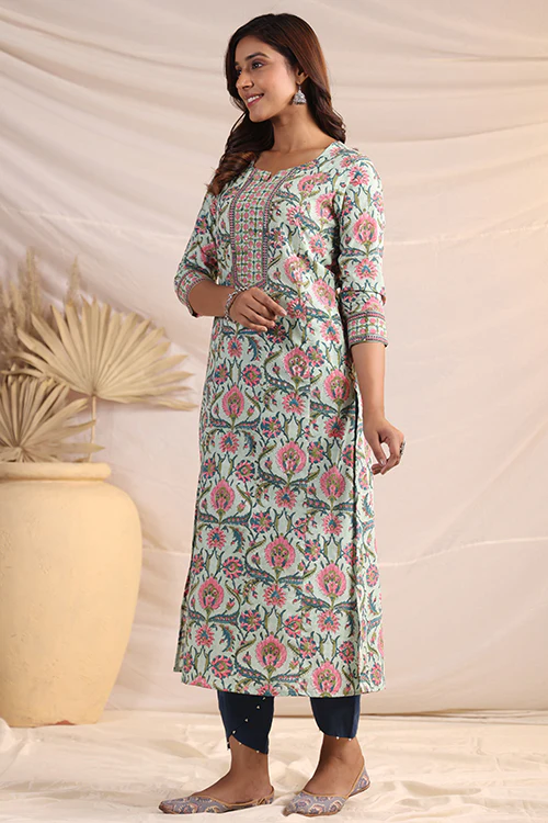 Shuddhi Green And Pink Cotton Kurta - Image 5