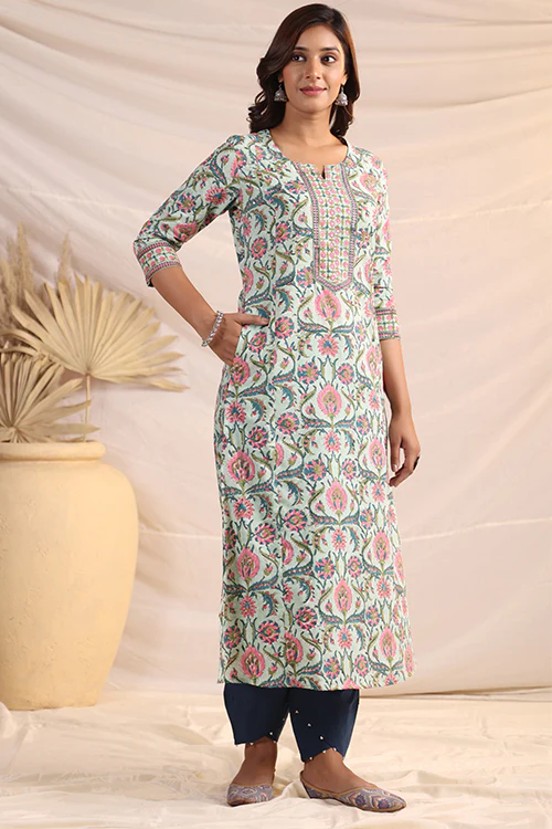 Shuddhi Green And Pink Cotton Kurta - Image 7