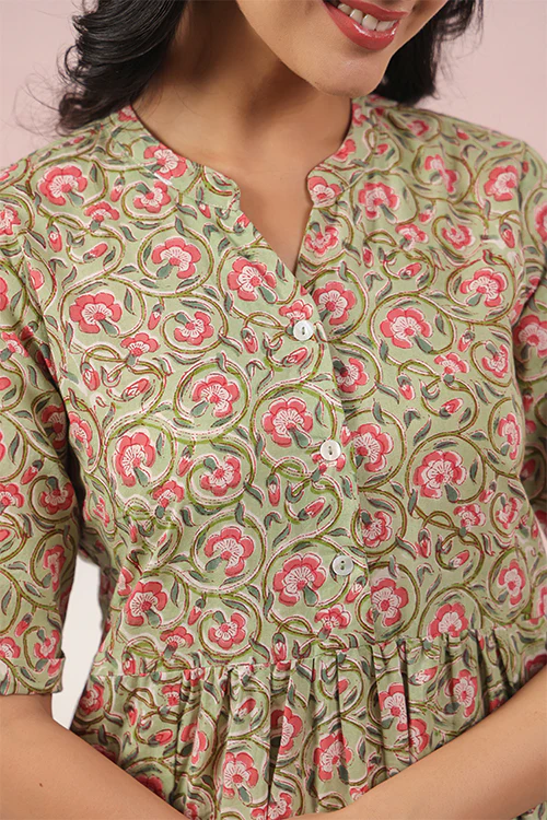 Shuddhi Green And Pink Tier Cotton Dress - Image 3