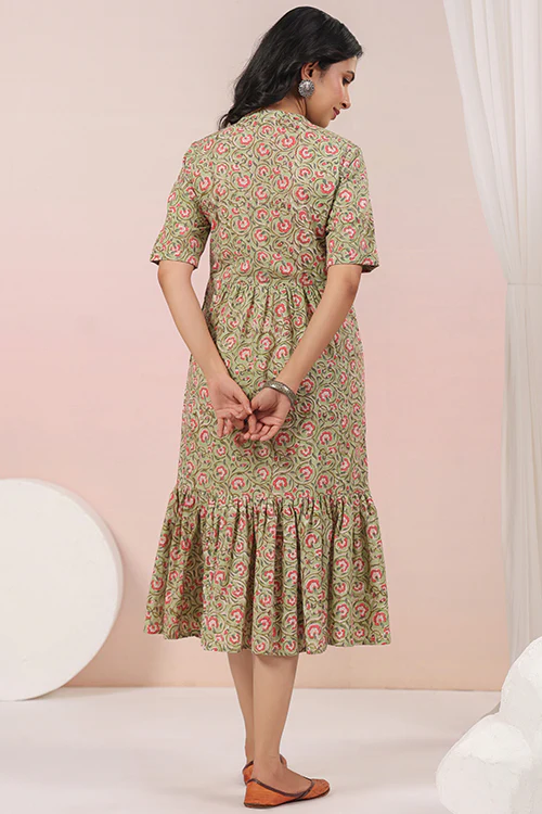 Shuddhi Green And Pink Tier Cotton Dress - Image 4