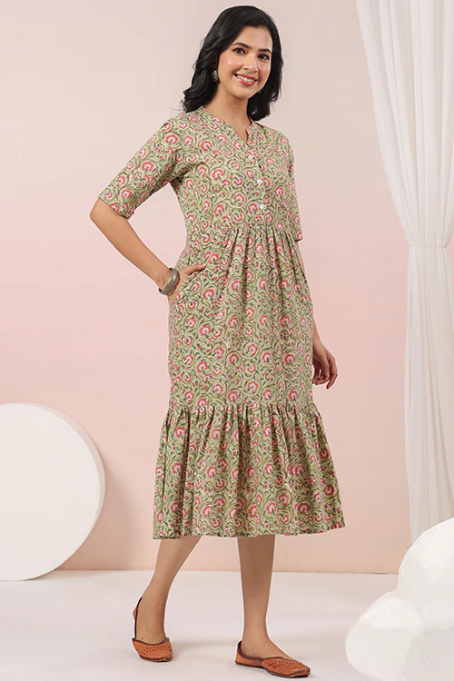 Shuddhi Green And Pink Tier Cotton Dress - Image 5