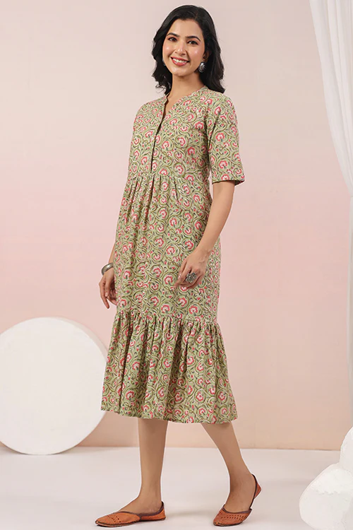 Shuddhi Green And Pink Tier Cotton Dress - Image 6