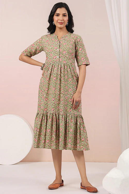 Shuddhi Green And Pink Tier Cotton Dress - Image 7