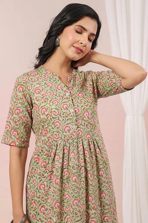 Shuddhi Green And Pink Tier Cotton Dress - Image 8