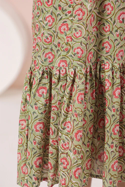 Shuddhi Green And Pink Tier Cotton Dress - Image 9
