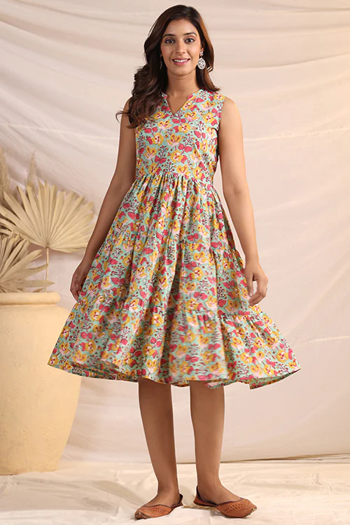 Shuddhi Green And Pink Tier Dress
