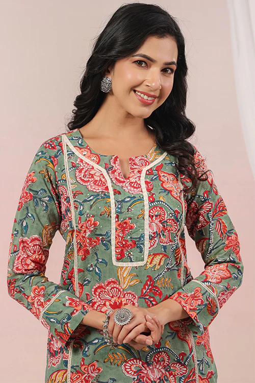 Shuddhi Green And Red Cotton Semi Aline - Image 2