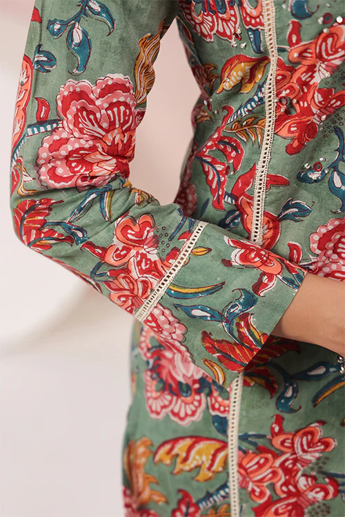 Shuddhi Green And Red Cotton Semi Aline - Image 3