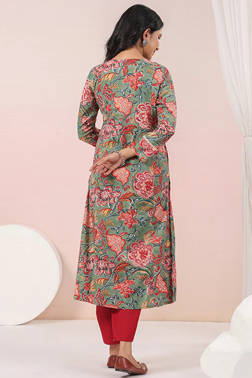 Shuddhi Green And Red Cotton Semi Aline - Image 4