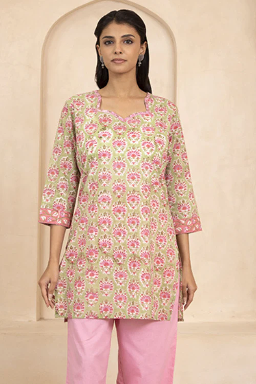 Shuddhi Green Handblock Printed Short Kurti
