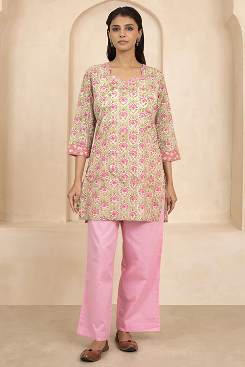 Shuddhi Green Handblock Printed Short Kurti - Image 2