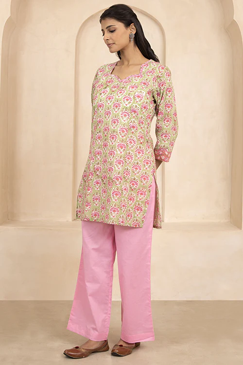 Shuddhi Green Handblock Printed Short Kurti - Image 3