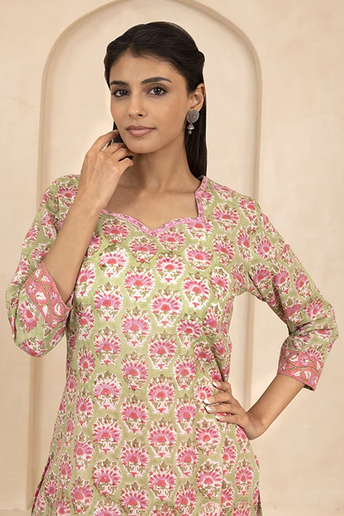 Shuddhi Green Handblock Printed Short Kurti - Image 7