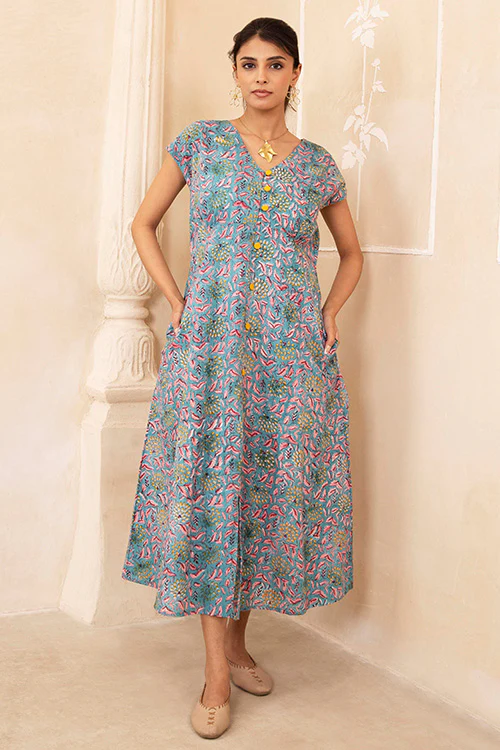 Shuddhi Hand Block printed Blue Dress - Image 3