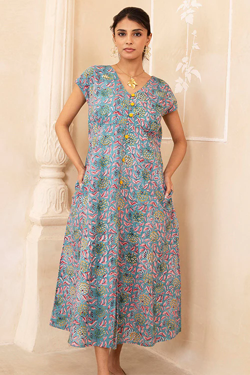 Shuddhi Hand Block printed Blue Dress - Image 5
