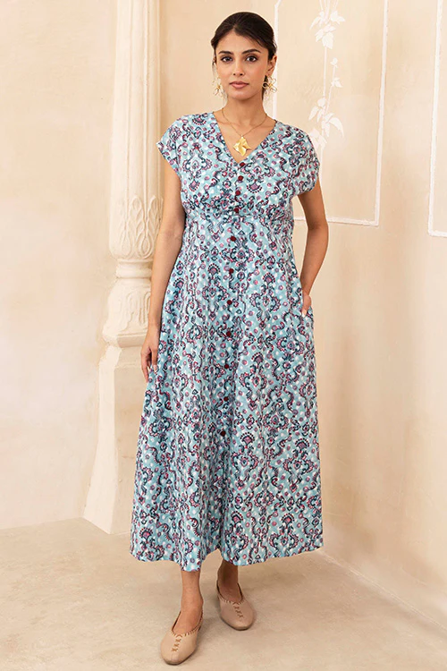 Shuddhi Hand Block printed Cotton Blue Dress - Image 3